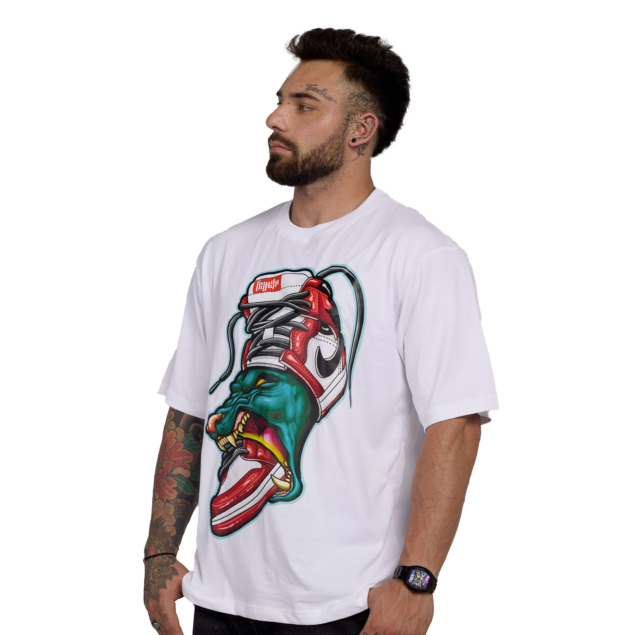 T-SHIRT OVERSIZE BAD SNEAKER - ANTIKORPO BRAIN - BIANCA - FRONTE