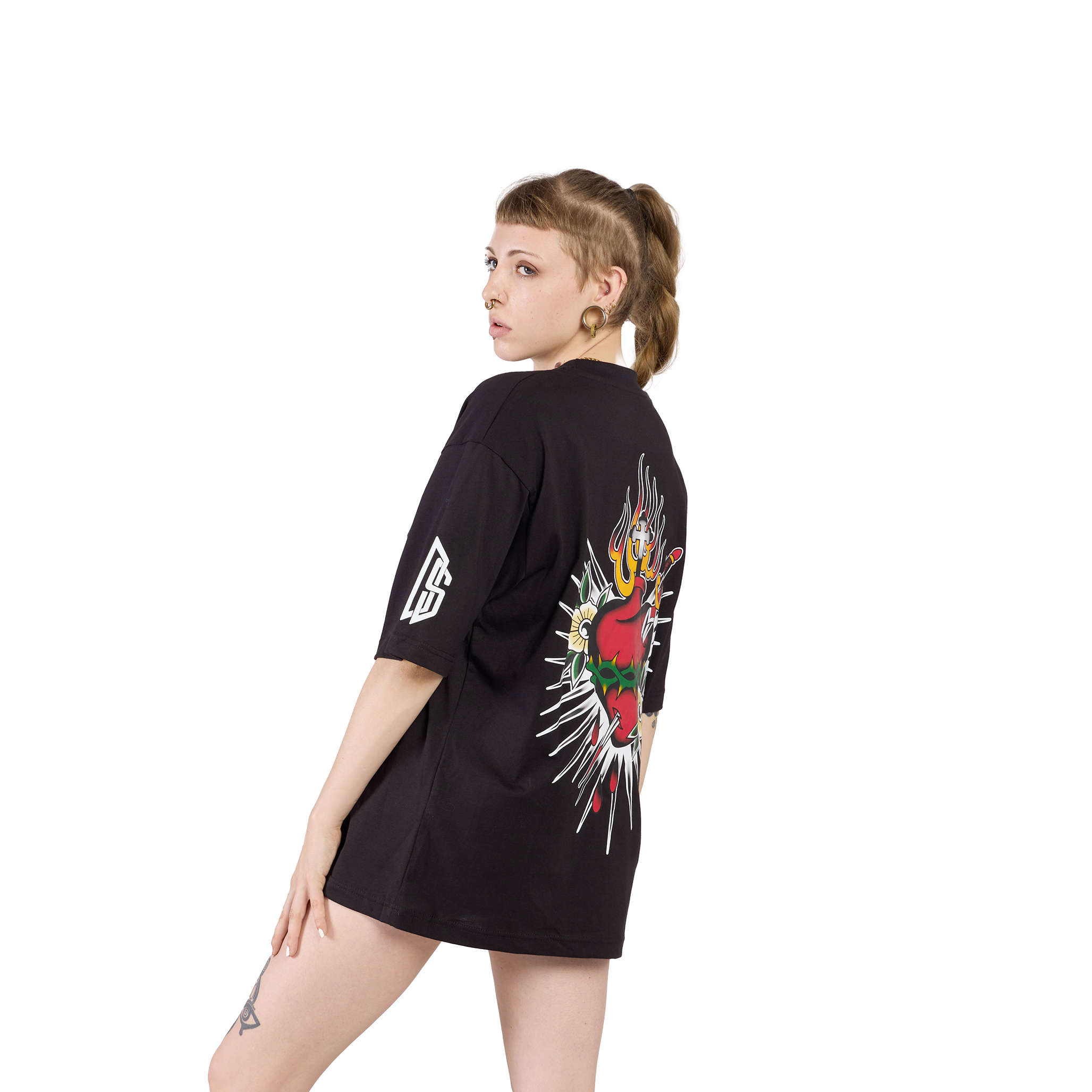 T-SHIRT OVERSIZE CUORE SACRO - BROS - DONNA NERA