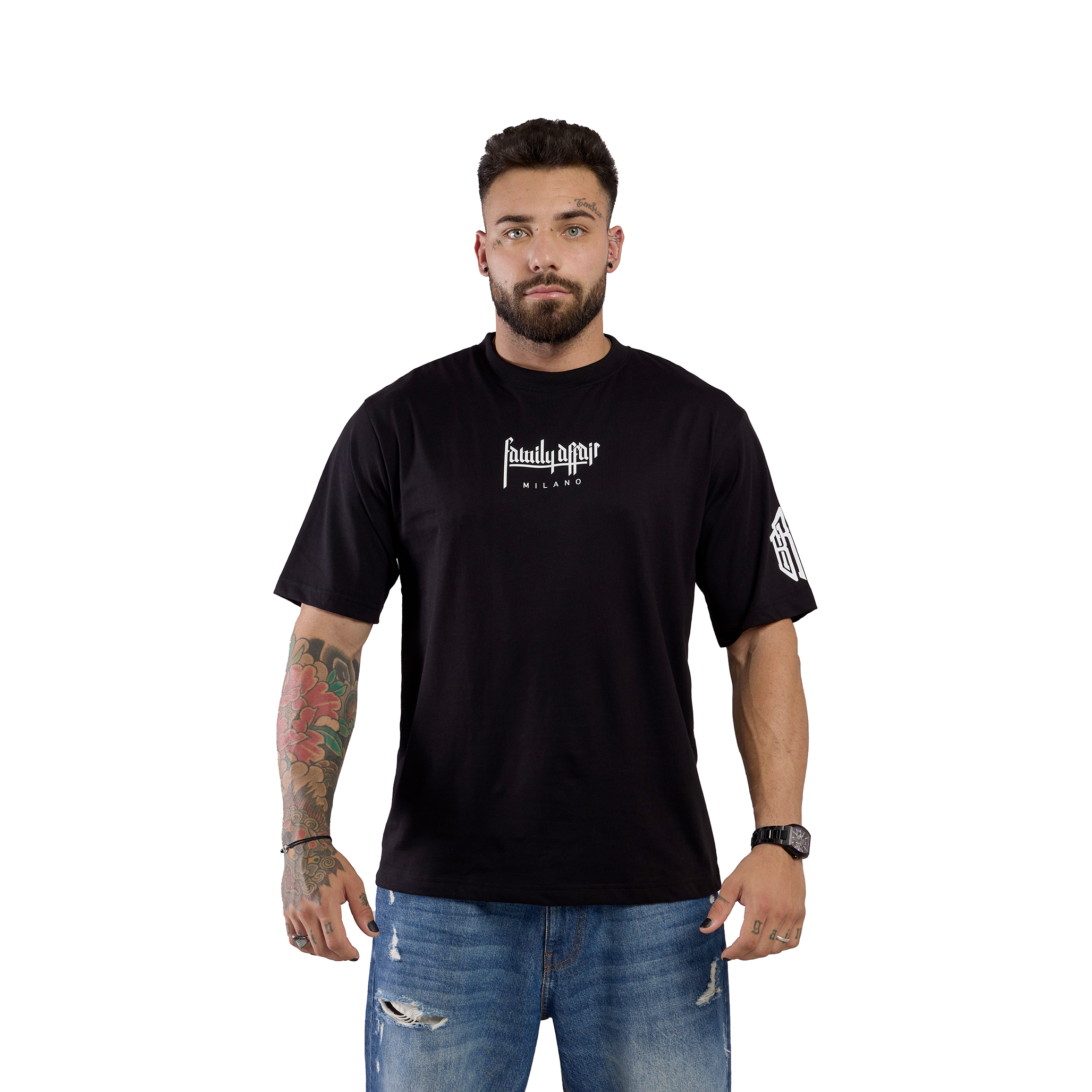 T-SHIRT OVERSIZE CUORE SACRO - BROS - UOMO NERA - FRONTE