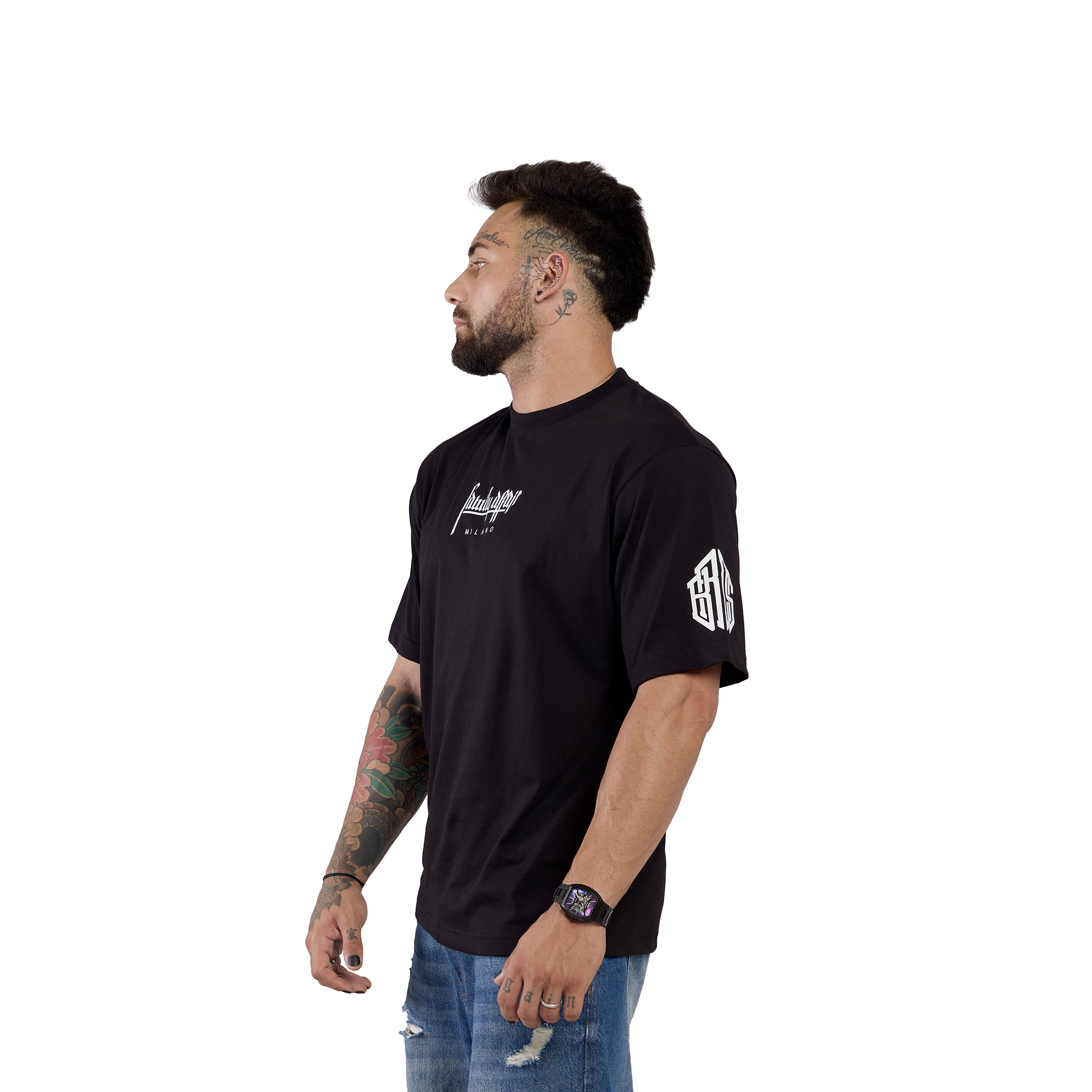 T-SHIRT OVERSIZE CUORE SACRO - BROS - UOMO NERA - FRONTE