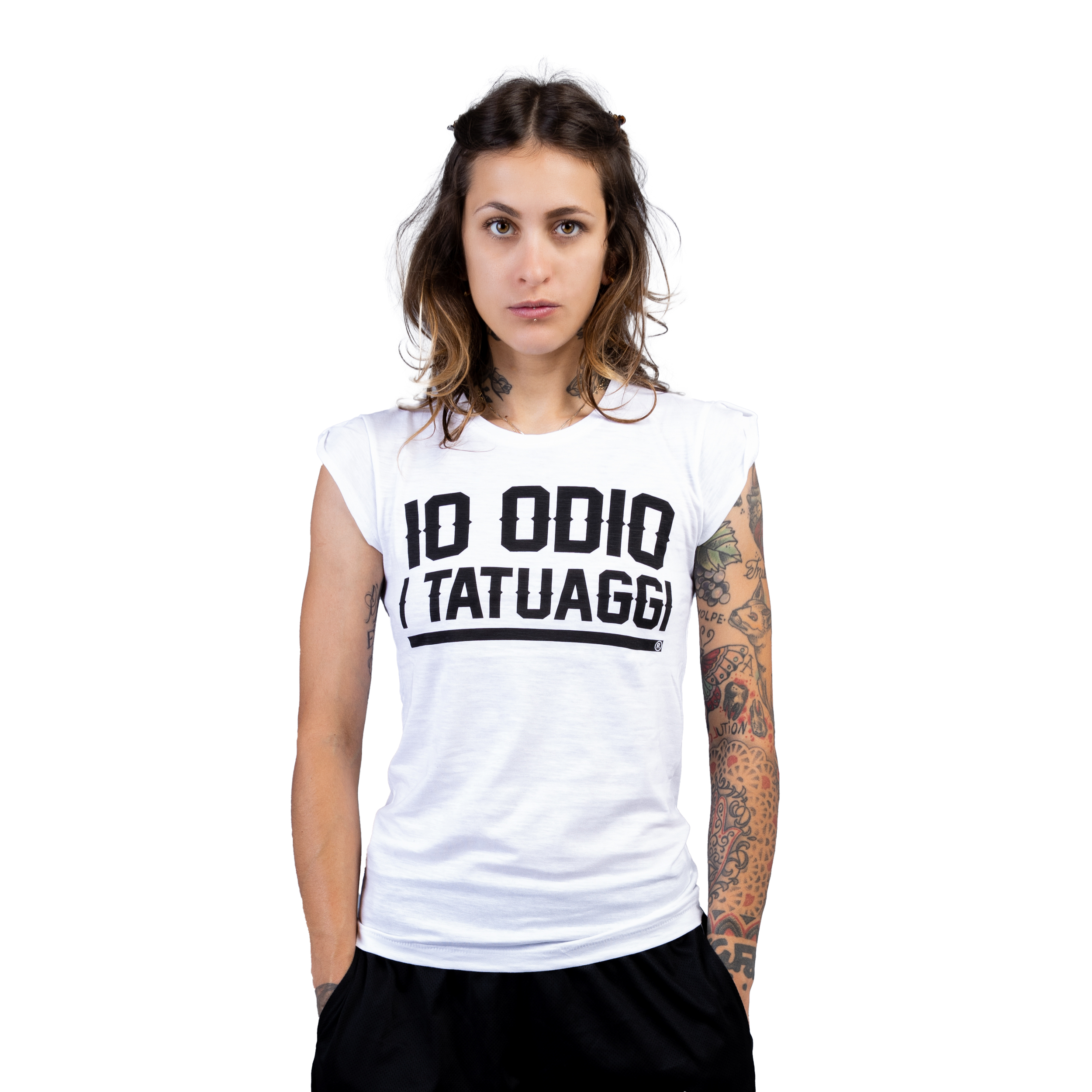 T-SHIRT LADY FIAMMATA - "IO ODIO I TATUAGGI" - DONNA -BIANCA - FRONTE T-SHIRT LADY FIAMMATA - "IO ODIO I TATUAGGI" - DONNA -BIANCA - FRONTE