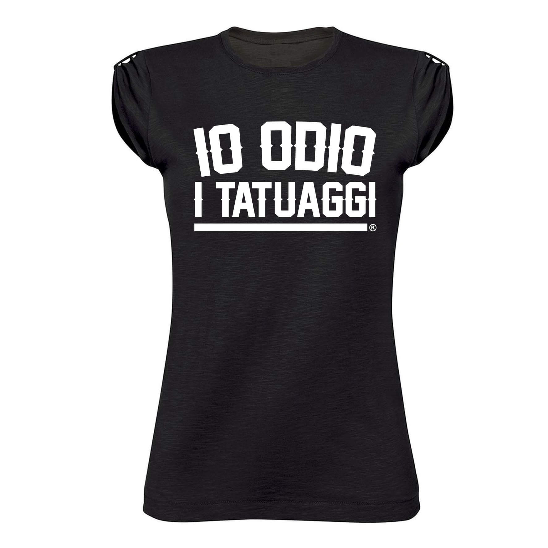 T-SHIRT LADY FIAMMATA - "IO ODIO I TATUAGGI" - DONNA -NERA - FRONTE T-SHIRT LADY FIAMMATA - "IO ODIO I TATUAGGI" - DONNA -NERA - FRONTE