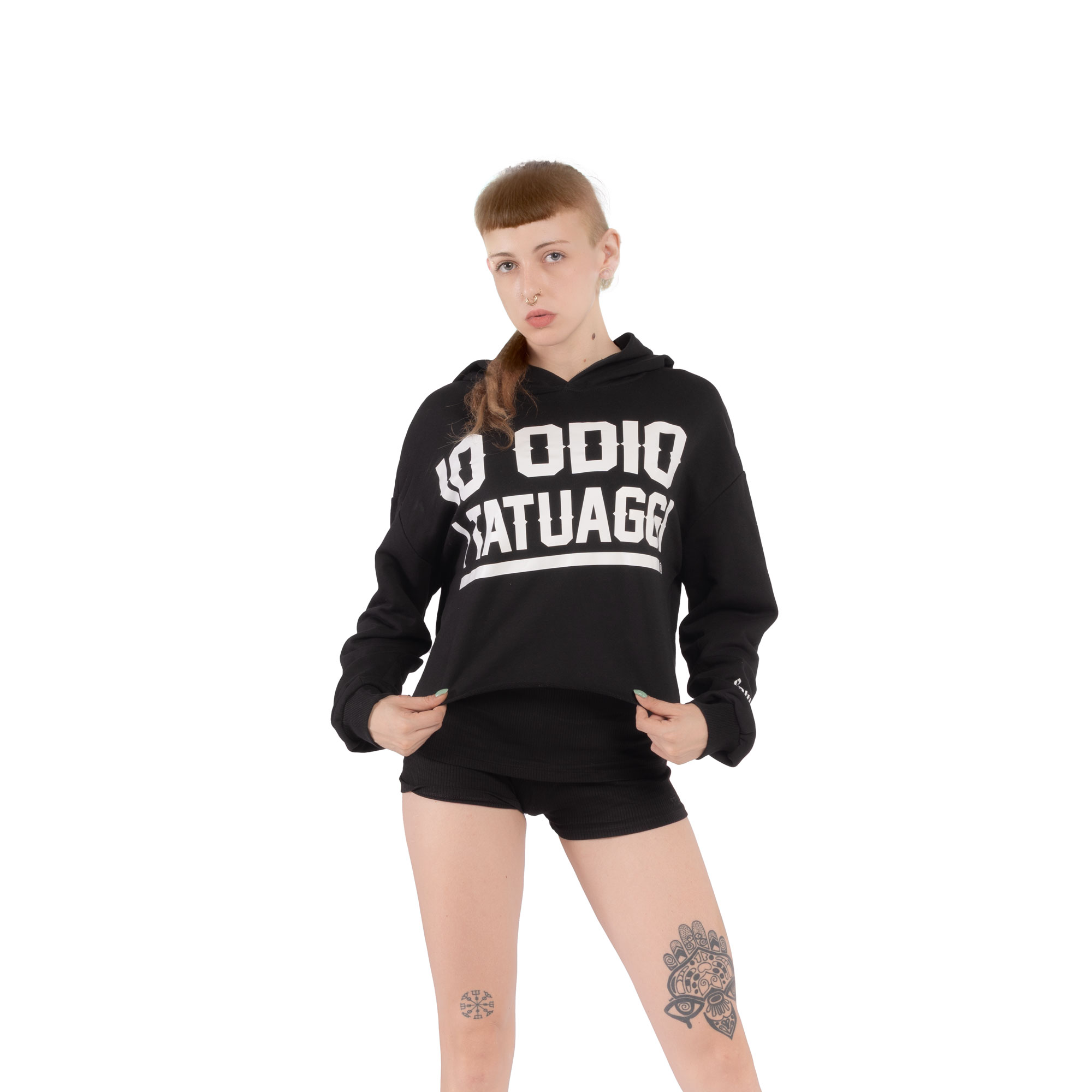 FELPA CAPPUCCIO CROP LADY - "IO ODIO I TATUAGGI" - NERA - FRONTE