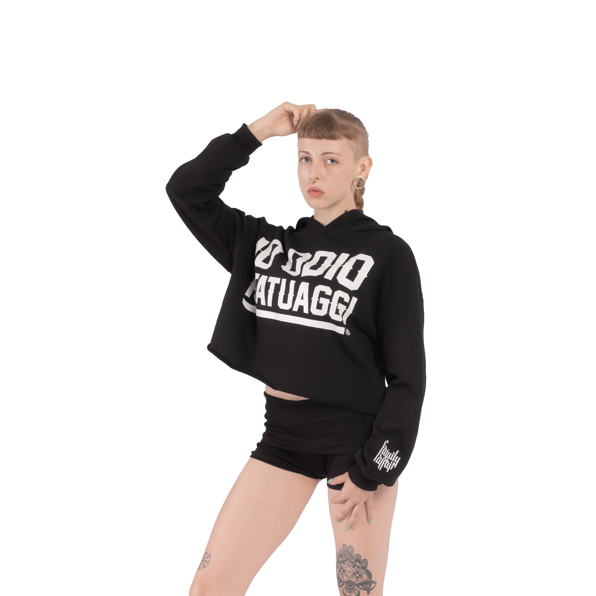 FELPA CAPPUCCIO CROP LADY - "IO ODIO I TATUAGGI" - NERA - FRONTE