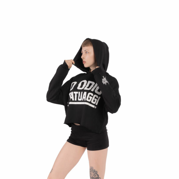 FELPA CAPPUCCIO CROP LADY - "IO ODIO I TATUAGGI" - NERA - FRONTE