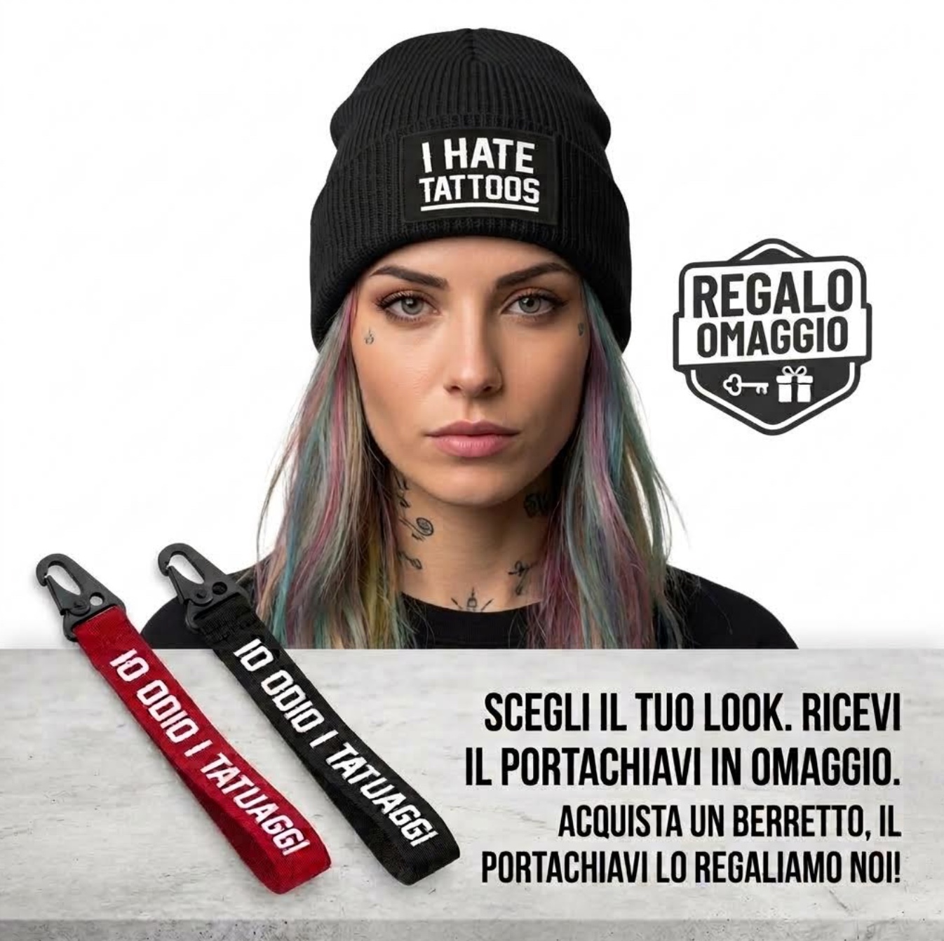 Promo beanie with patch "I hate tattoos" with free keychain