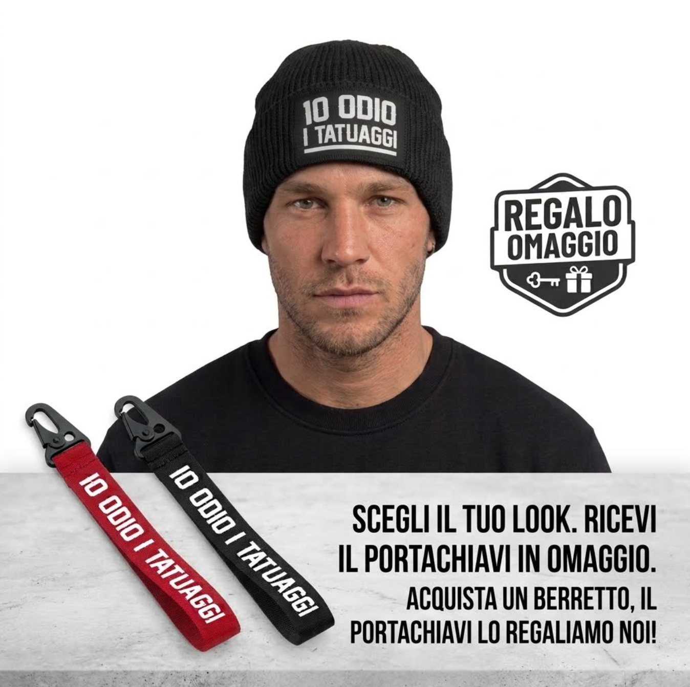 Promo beanie with patch "Io odio i tatuaggi" with free keychain